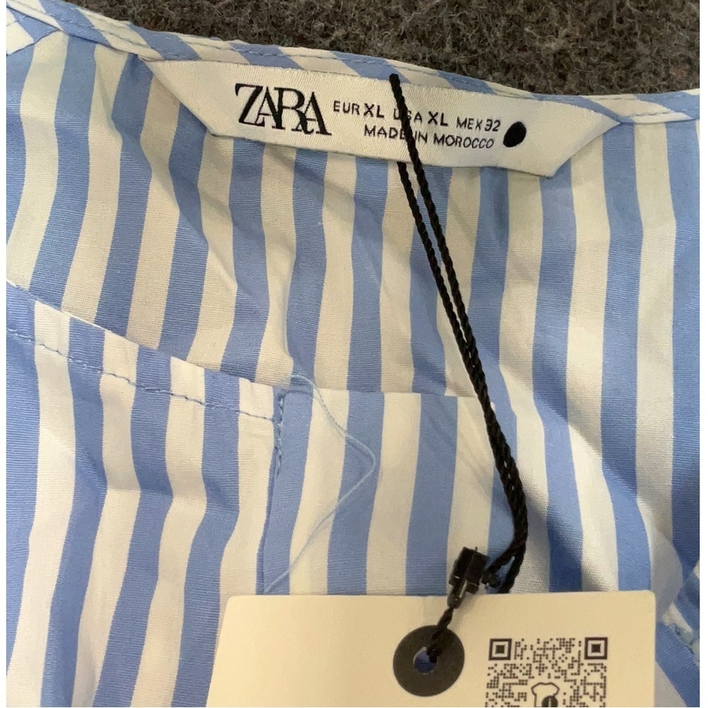 Zara ZW Collection Blue Striped Poplin Mini Dress Puff Sleeve Cotton XL NWT - Picture 4 of 9